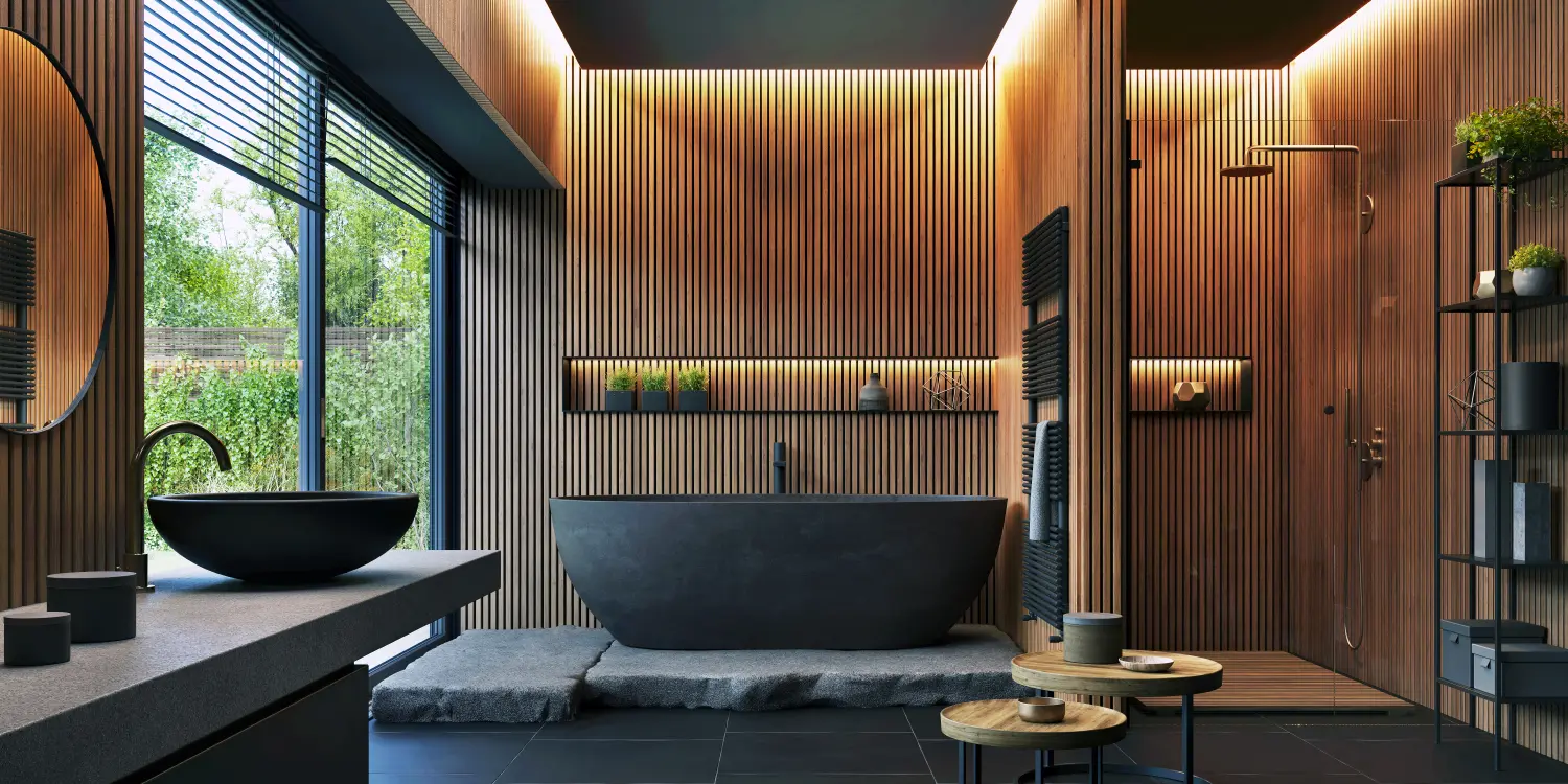 Innenarchitektur des Badezimmers mit mattschwarzer Badewanne und moderner Dusche